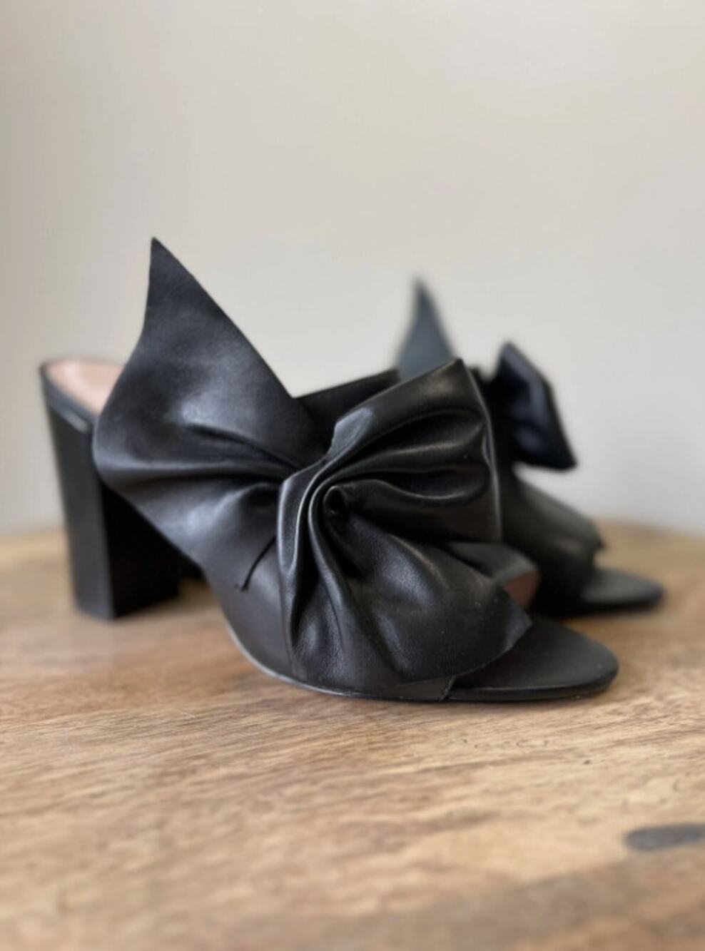 Avec Les Filles Marie Black Leather Bow Mule Sandals Block Heel 8